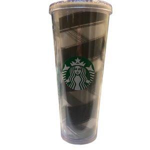 Starbucks 24 oz cold cup gray plaid ribbon swirl